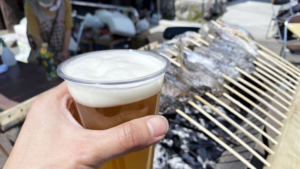 クラフトビールとニジマスの塩焼きでライド終了！