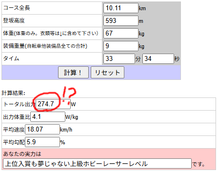 33分34秒のタイムには274W必要らしい??