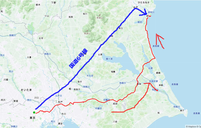 国道6号線(青ルート）だと100kmちょいで着いちゃうので成田経由（赤ルート）で大洗へ