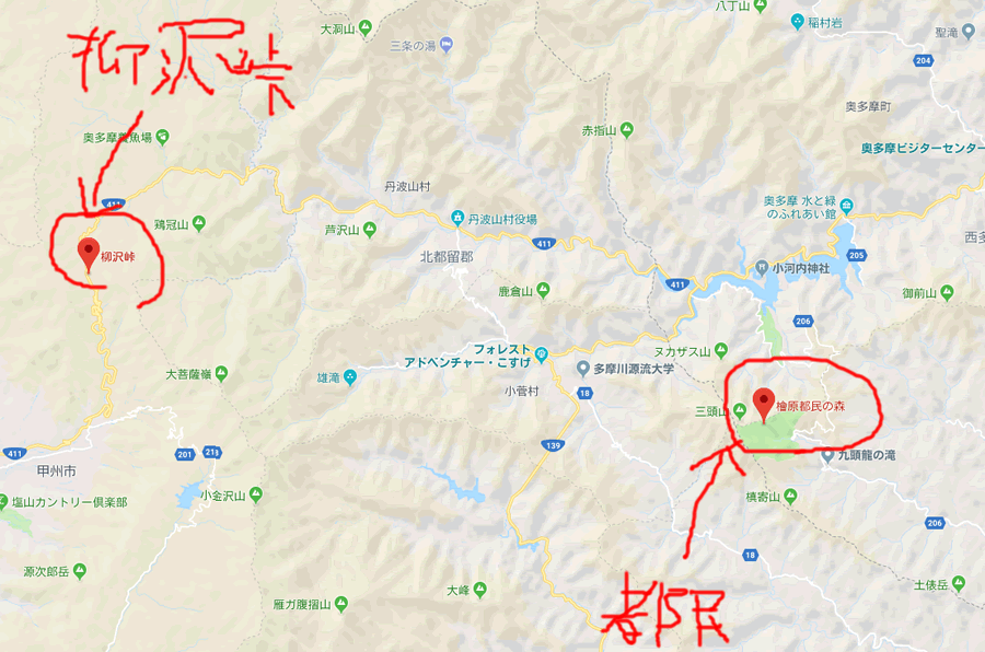 都民の森／風張峠と柳沢峠の位置関係のおさらい